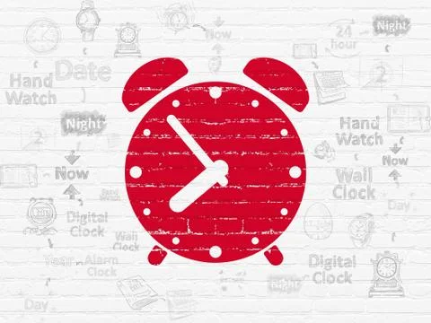 Timeline concept: Alarm Clock on wall background Stock Illustration