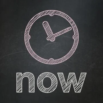 Timeline concept: Clock and Now on chalkboard background Ilustração Stock
