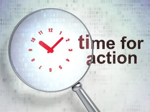 Timeline concept: Clock and Time for Action with optical glass 库存插图
