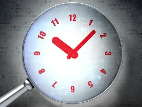 Timeline concept: Clock with optical glass on digital background Stock Illustration