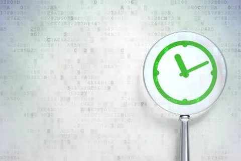 Timeline concept: Clock with optical glass on digital background Illustration