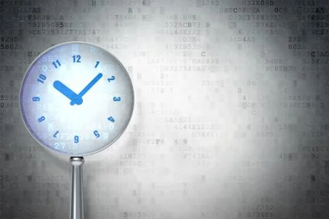 Timeline concept: Clock with optical glass on digital background Stock Illustration