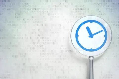 Timeline concept: Clock with optical glass on digital backgroun Illustrazione stock