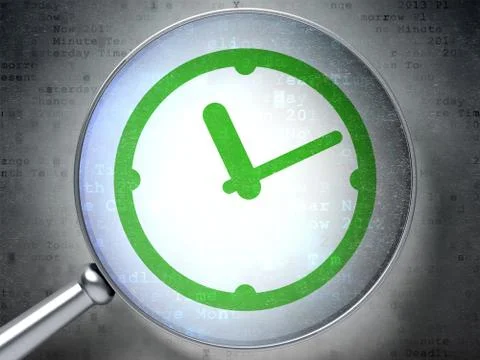 Timeline concept: Clock with optical glass on digital backgroun Stock Illustration