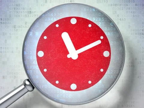 Timeline concept: Clock with optical glass on digital backgroun Stock Illustration
