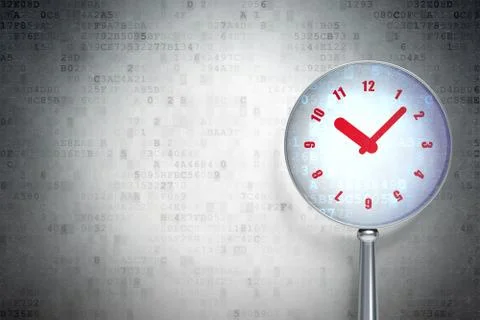 Timeline concept: Clock with optical glass on digital background Illustrazione stock