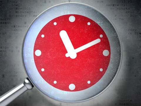 Timeline concept: Clock with optical glass on digital background Illustrazione stock