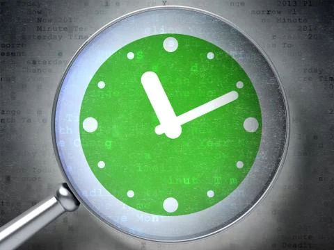 Timeline concept: Clock with optical glass on digital background 库存插图