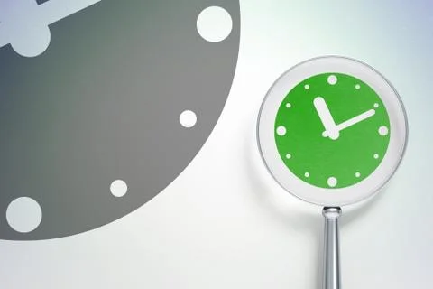Timeline concept:  Clock with optical glass on digital backgroun Illustrazione stock