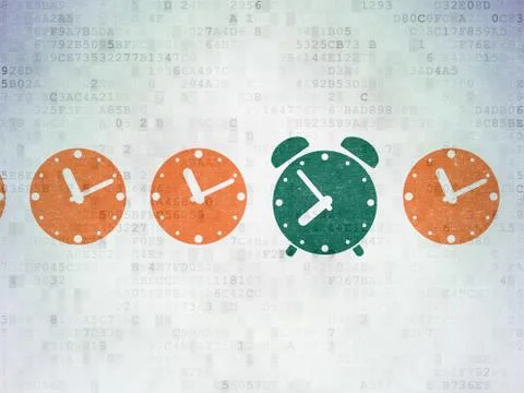 Timeline concept: green alarm clock icon on digital background Stock Illustration