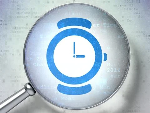 Timeline concept: Hand Watch with optical glass on digital background 库存插图