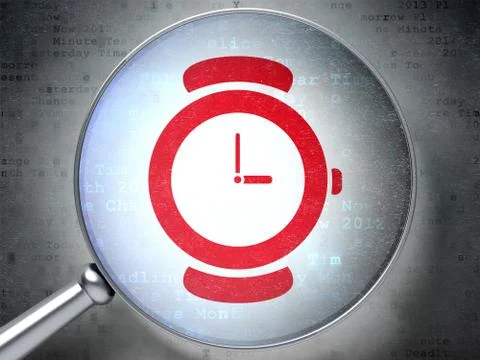 Timeline concept: Hand Watch with optical glass on digital background 库存插图