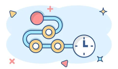Timeline icon in comic style. Progress cartoon vector illustration on white i Ilustración de archivo