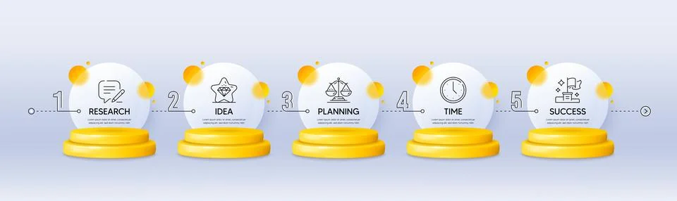 Timeline infograph chart with 5 steps. Process diagram with Research, Planning Stock Illustration