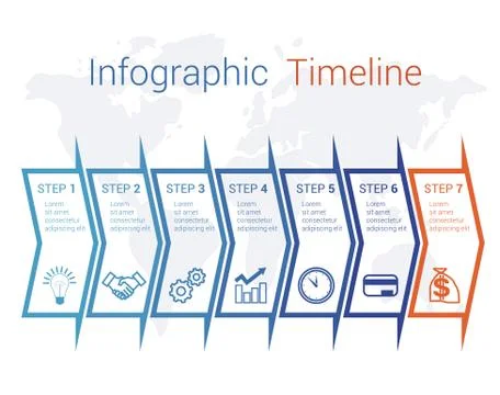 Timeline Infographic arrows on map numbered for 7 positions can be used for w Stock Illustration