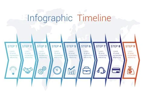 Timeline Infographic arrows on map numbered for 9 positions can be used for w Stock Illustration