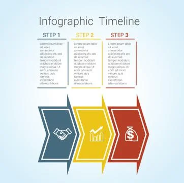 Timeline Infographic colored horizontal arrows numbered for three position Stock Illustration