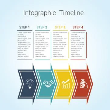 Timeline Infographic colored horizontal arrows numbered for four position Stock Illustration
