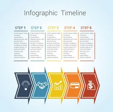 Timeline Infographic colored horizontal arrows numbered for five position Stock Illustration