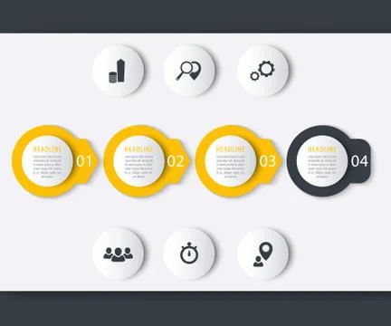 Timeline infographic elements, icons, step labels, report design Stock Illustration