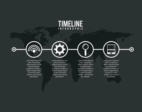 Timeline infographic world internet solution search laptop dark background イラスト素材