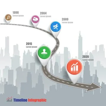 Timeline infographics with city background Illustrazione stock