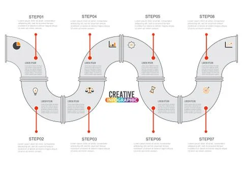 Timeline infographics design template with 8 options, process diagram, vector Stock Illustration