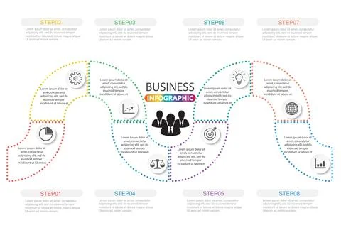 Timeline infographics design template with 8 options, process diagram, vect.. Stock Illustration