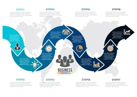 Timeline infographics design template with 8 options, process diagram, vect.. Stock Illustration