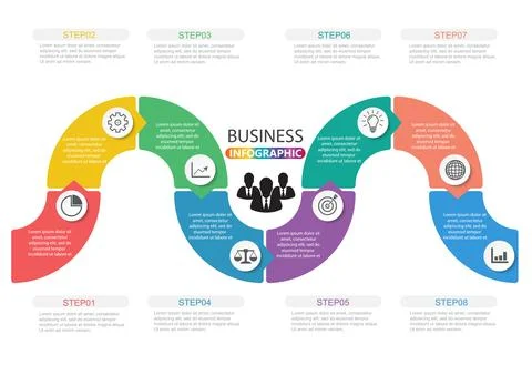 Timeline infographics design template with 8 options, process diagram, vect.. Stock Illustration