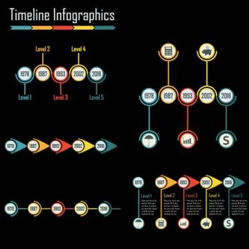 Timeline Infographics set. Design elements isolated on a dark background.  Stock Illustration