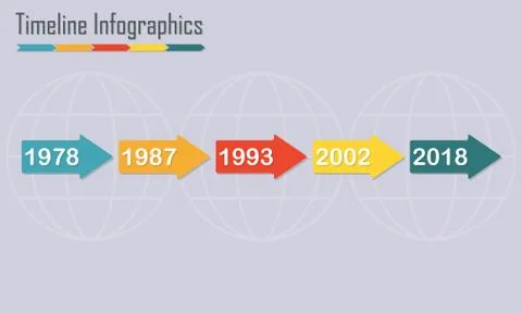 Timeline Infographics template with horizontal arrows. Colorful design elements. Stock Illustration