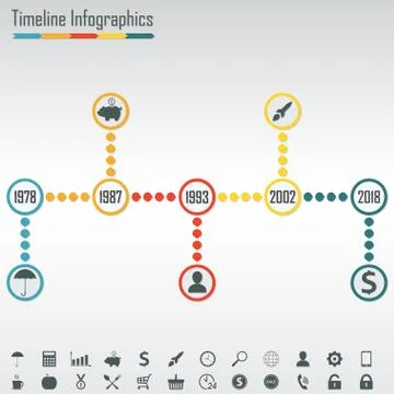 Timeline Infographics template. Horizontal design elements. Icons set included.  库存插图