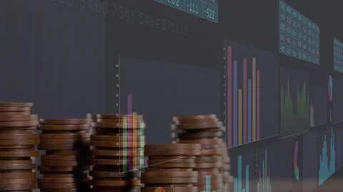 Timeline moving camera panning copper coins holding front as charts scrolling Stock Footage 335235423