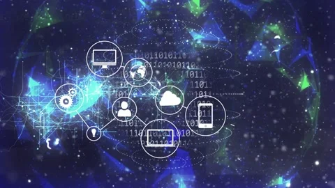 Timeline moving cloud icon pulsing bits scrolling devices popping and linking Stock Footage 334351809