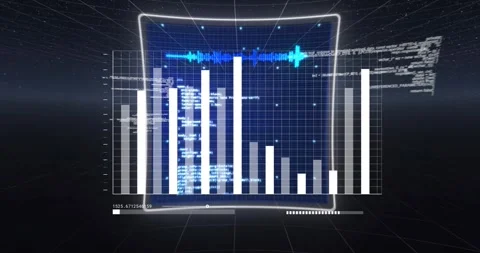 Timeline slider advancing, central bar chart changing levels, cyan HUD moving Stock Footage 329471563