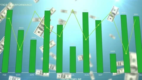 On timeline start bars rising, USD bills drifting, line connecting nodes showing Stock Footage 334418804