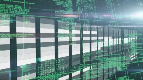 Timeline starting, curved panel array sweeping right while green code drifting, Stock-Footage 333872983