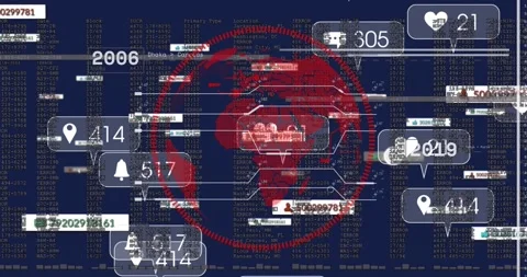 Timeline tick sparking red globe rotating pulsing as data widgets slide, group Stock Footage 328469028
