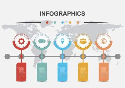 Timelines Infographic design template with 5 banners Stock Illustration