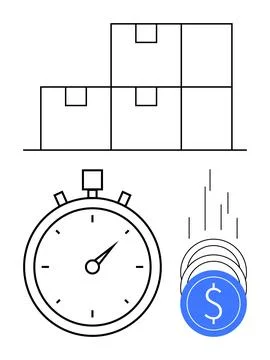 Timely Delivery and Cost Efficiency Concept with Stop Watch, Boxes, and Cur.. Stock Illustration