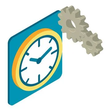 Timepiece icon isometric vector. Round wall mechanical clock and two gear icon Stock Illustration