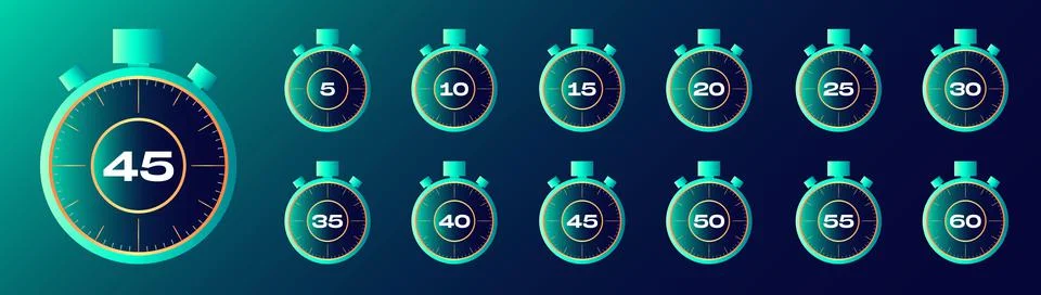 Timer and clock icons set. Vector times of 10, 15, 30, 45, 40, 50, 35, 25, 60, 5 Stock Illustration