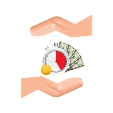 Timer and money in hands. Clock and bag, time is money, fast loan, payment Stock Illustration