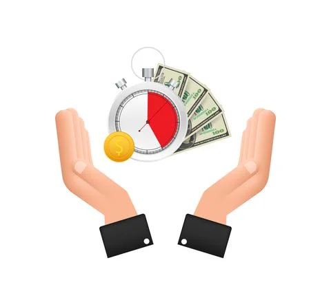 Timer and money in hands. Clock and bag, time is money, fast loan, payment Illustrazione stock