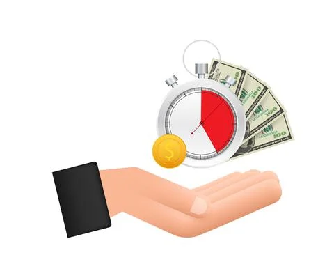 Timer and money in hands. Clock and bag, time is money, fast loan, payment Stock Illustration
