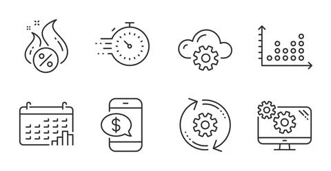 Timer, Calendar graph and Dot plot icons set. Cloud computing, Cogwheel and Illustrazione stock