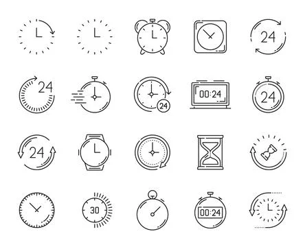 Timer clock, alarm, stopwatch outline icons Stock Illustration
