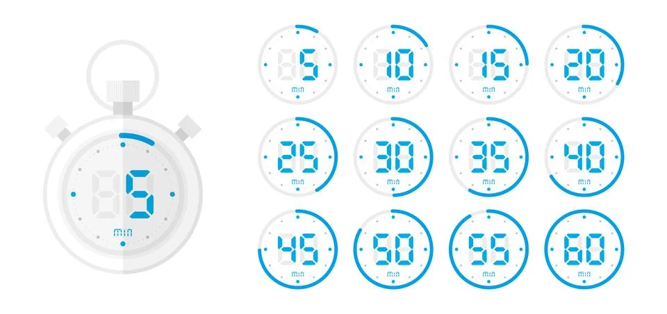 Timer, clock, stopwatch isolated big set blue icons on white background. Vect Illustrazione stock
