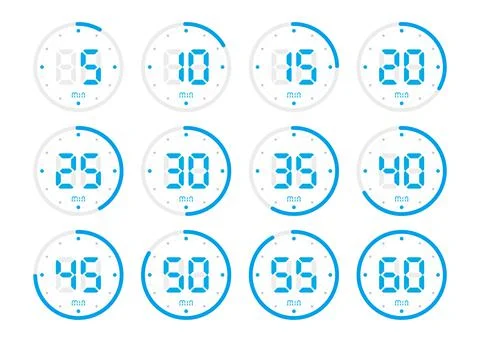 Timer, clock, stopwatch isolated set blue icons on white background. Vector Stock Illustration